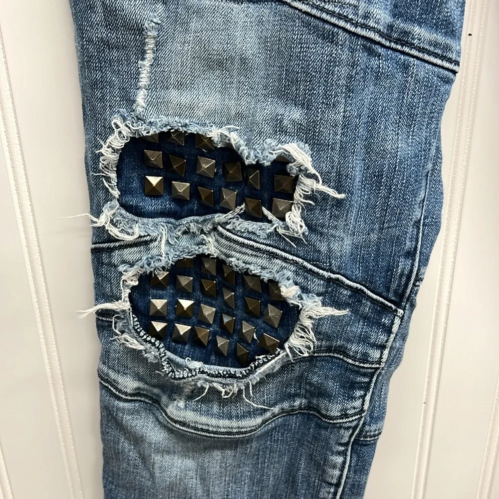 True Religion Jeans Men 31 Blue Rocco Biker Relaxed‎ Skinny Distressed Studded